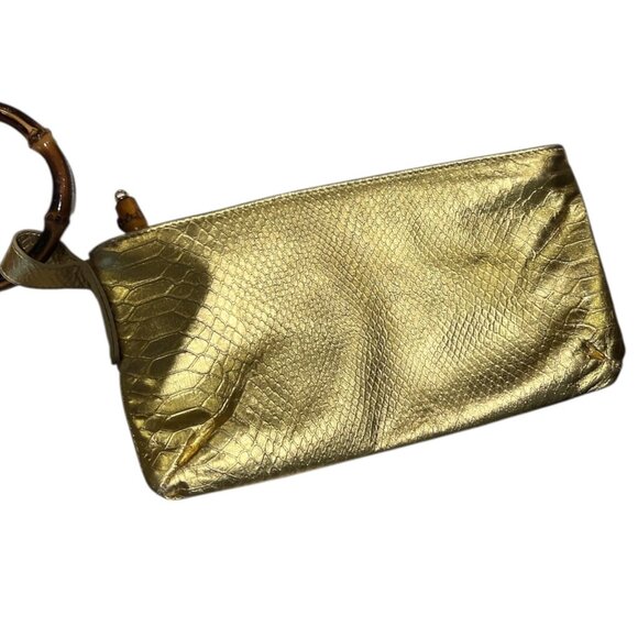 Vintage Cri Cri Milano Italy Gold Metallic Leather Bamboo Handle Evening Clutch - Picture 7 of 11